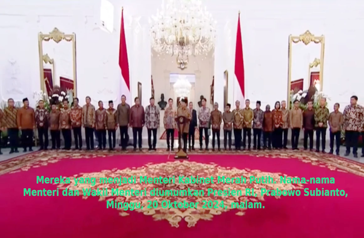 Menteri dan Wakil Menteri Kabinet Merah Putih yang diumumkan, Presiden RI, Prabowo Subianto, Minggu, 20 Oktober 2024, malam.