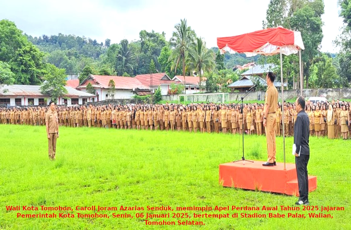 Wali Kota Tomohon, Caroll Joram Azarias Senduk memimpin Apel Perdana Awal Tahun 2025 Jajaran Pemerintah Kota Tomohon, Senin, 06 Januari 2025, bertempat di Stadion Babe Palar, Walian, Tomohon Selatan.