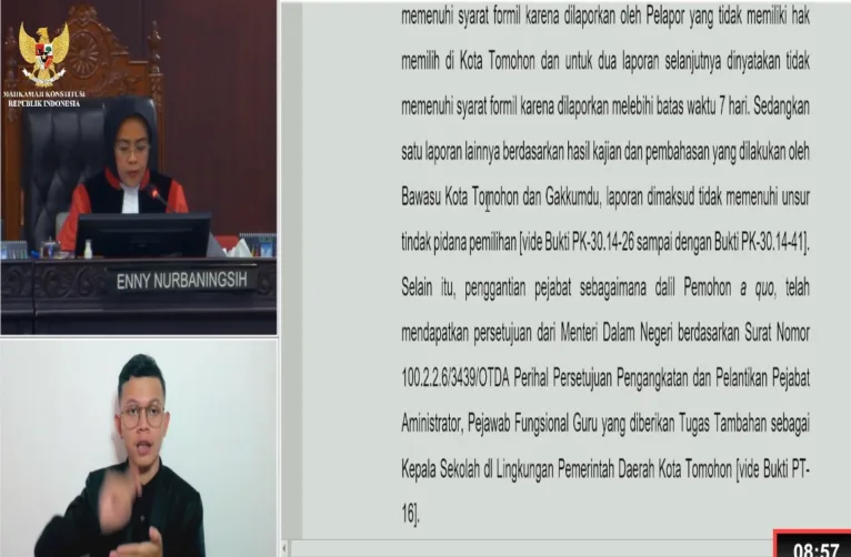 Hakim Konstitusi Enny Nurbaningsih saat membacakan pokok perkara pada persidangan Mahkamah Konstitusi tentang PHPU Wali Kota Tomohon.