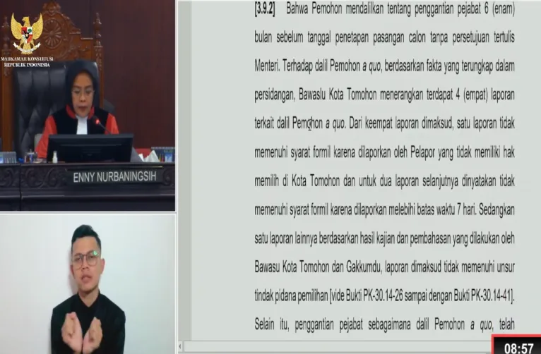 Hakim Konstitusi Enny Nurbaningsih saat membacakan pokok perkara pada persidangan Mahkamah Konstitusi tentang PHPU Wali Kota Tomohon.